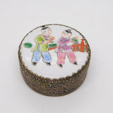 Chinese Silver Plated Painted Porcelain Mirrored Trinket Box Antique c1920
