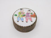 Chinese Silver Plated Painted Porcelain Mirrored Trinket Box Antique c1920