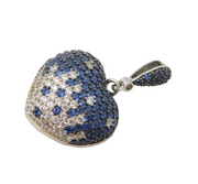 Sterling Silver Sparkling Blue & White Stone Set Puffy Heart Pendant Vintage
