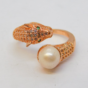 Rose Gold on Sterling Silver, Pearl Set Panther Crossover Ring Vintage c2000