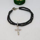 Sterling Silver Onyx Bead & Spinel Set Cross Bracelet Vintage c1980