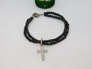 Sterling Silver Onyx Bead & Spinel Set Cross Bracelet Vintage c1980