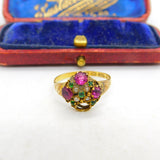 Victorian 9ct Yellow Gold, Amethyst, Seed Pearl & Paste Sweetheart Ring 1871