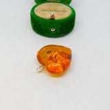 Sterling Silver & Carved Heart Shaped Baltic Amber Drop Pendant Vintage c1970