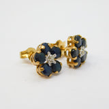 Pair of 9ct Yellow Gold, Sapphire & Diamond Daisy Cluster Earrings Vintage