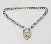 Sterling Silver Curb Link Charm Bracelet Heart Lock Clasp Vintage c1970