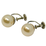 Pair of Sterling Silver Stud Ivory Round Pearl Screw Back Earrings Vintage c1970