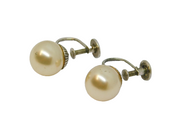 Pair of Sterling Silver Stud Ivory Round Pearl Screw Back Earrings Vintage c1970