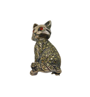 Sterling Silver Marcasite & Red Crystal Cat Deco Style Brooch Pin Modern c1990
