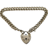 Sterling Silver Curb Link Charm Bracelet Heart Lock Clasp Vintage c1970