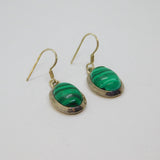 Pair of Sterling Silver Oval Cabochon Malachite Hook Drop Earrings Vintage c1970