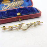 Gold on Sterling Silver, Paste & Pearl Set Bar Brooch Vintage c1960