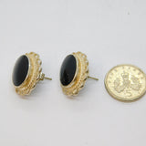 Pair of Sterling Silver Black Onyx Agate Oval Large Stud Earrings Vintage c1970