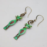 Pair of Sterling Silver Green Cloisonne Enamel Cat Drop Earrings Vintage c1970