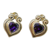 Pair of Sterling Silver Purple Crystal Heart Shape Stud Earrings Vintage c1990