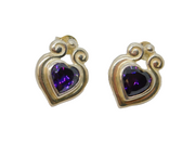 Pair of Sterling Silver Purple Crystal Heart Shape Stud Earrings Vintage c1990