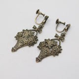 Art Deco Sterling Silver Marcasite Set Flower Basket Screw-Back Earrings Antique