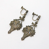 Art Deco Sterling Silver Marcasite Set Flower Basket Screw-Back Earrings Antique