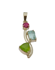 Sterling Silver Ruby, Blue Topaz & Peridot Studio Drop Pendant Modern c2000s