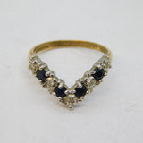 9ct Yellow Gold, Sapphire & Diamond Wishbone Dress Ring Vintage 1988 Birmingham