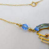 15ct Yellow Gold, Blue Glass & Pearl Lavalier Drop Necklace Antique c1930 Deco