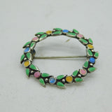 Sterling Silver & Colourful Enamel Floral Pattern Wreath Brooch Antique