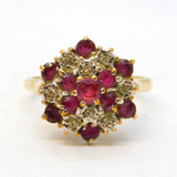 9ct Yellow Gold, Ruby & Diamond Floral Cluster Ring Vintage London
