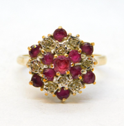 9ct Yellow Gold, Ruby & Diamond Floral Cluster Ring Vintage London