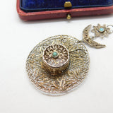 Filigree Sterling Silver & Turquoise Floral Hat Form Drop Pendant Antique c1930