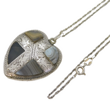 19th Century Sterling Silver 'Pebble' Agate Heart Pendant Necklace Antique c1880