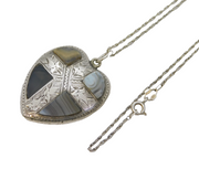 19th Century Sterling Silver 'Pebble' Agate Heart Pendant Necklace Antique c1880
