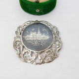 Siam Sterling Silver Niello Enamel Temple Scene Brooch Antique c1940