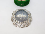 Siam Sterling Silver Niello Enamel Temple Scene Brooch Antique c1940