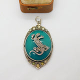 European .935 Silver, Hardstone & Paste Lizard Drop Pendant Antique c1930