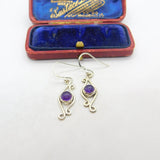 Sterling Silver Cabochon Amethyst Set Modernist Drop Earrings Vintage c1990