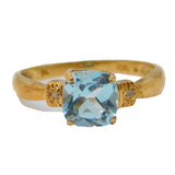 9ct Yellow Gold Aquamarine & Diamond Dress Ring Vintage c1970