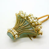 Victorian 9ct Gold, Pearl & Resin Set Flower Basket Brooch Pin Antique c1890