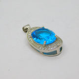 Sterling Silver Oval Cut Blue Topaz & White Topaz Drop Pendant Modern c1990s