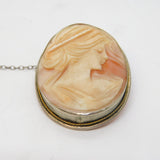 .800 Grade Silver Mounted Carved Shell Female Profile Cameo Brooch Antique