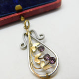 Sterling Silver & 9ct Gold Pink Paste Floral Drop Pendant Vintage c1970