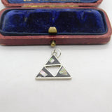 Sterling Silver Onyx & Abalone Triangle Charm Pendant Vintage c1970