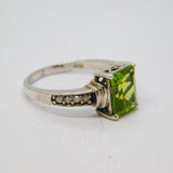 Sterling Silver Emerald Cut Peridot & Diamond Ring Vintage c1970 Size N 1/2