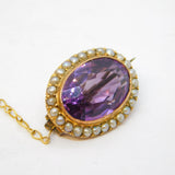 Victorian 9ct Gold, Faceted Amethyst & Seed Pearl Button Brooch Antique