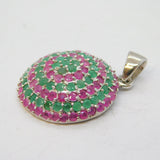 Sterling Silver, Emerald & Ruby Circular Drop Pendant Vintage c1990s
