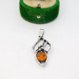 Sterling Silver Baltic Amber Set Leaf Design Charm Pendant Vintage c1970