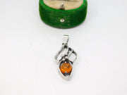 Sterling Silver Baltic Amber Set Leaf Design Charm Pendant Vintage c1970