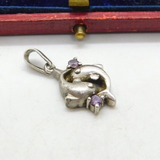 Sterling Silver Dolphin Duo Amethyst Paste Pisces Charm Pendant Vintage c1970