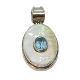 Sterling Silver Shell & Blue Topaz Studio Style Oval Charm Pendant Vintage c1970