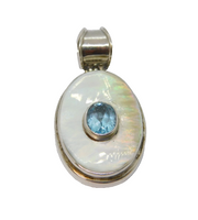 Sterling Silver Shell & Blue Topaz Studio Style Oval Charm Pendant Vintage c1970