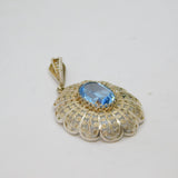 .935 Silver Blue Faceted Glass Patterned Oval Drop Pendant Vintage c1970